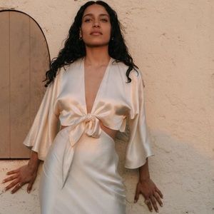 ShonaJoy LA LUNE TIE FRONT BIAS MIDI DRESS CREAM